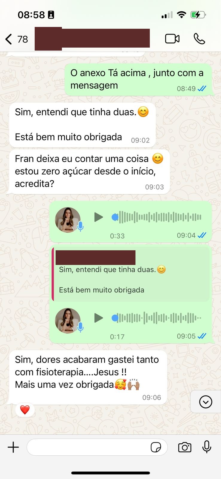 Mensagem de paciente contando que está sem açúcar desde o início e que as dores acabaram