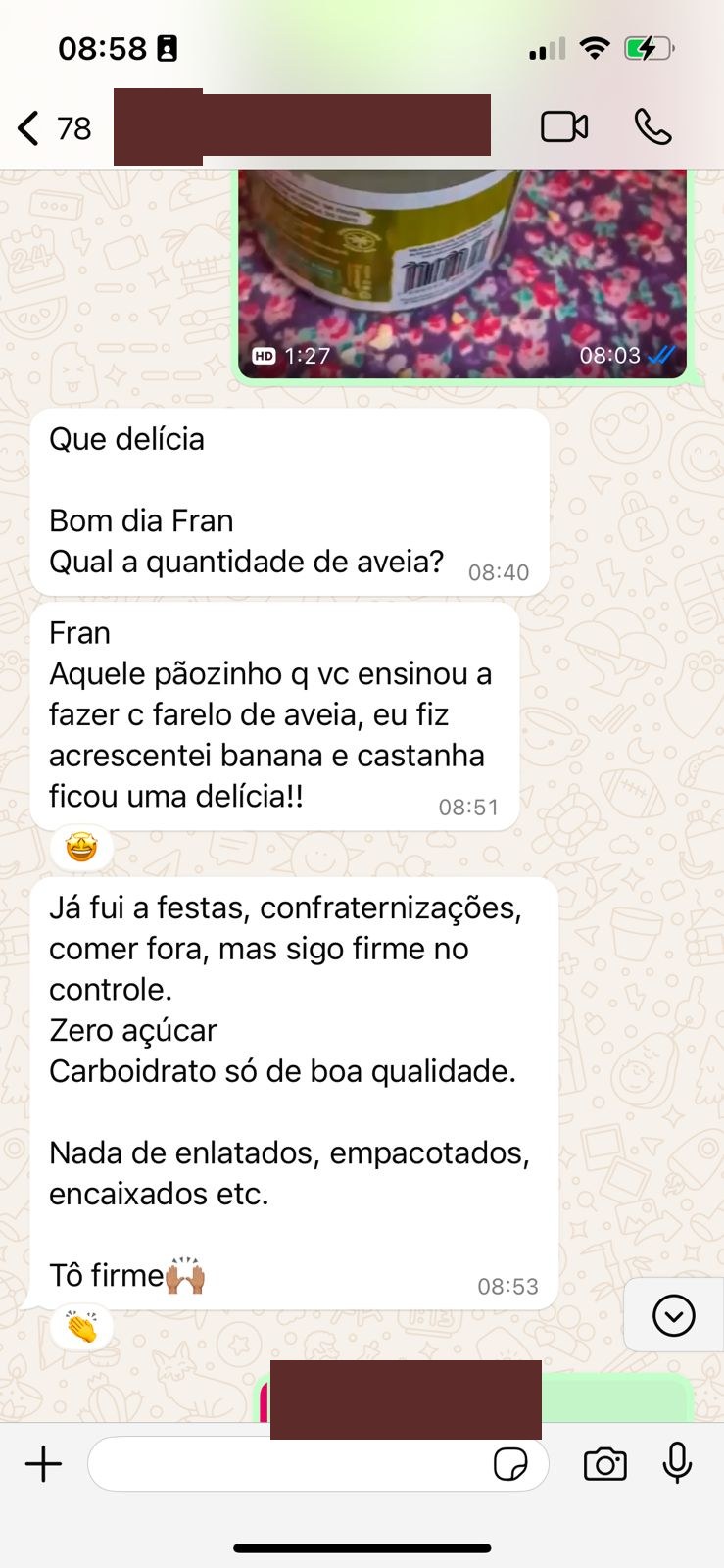 Mensagem de paciente contando que segue firme no controle mesmo em festas e confraternizações