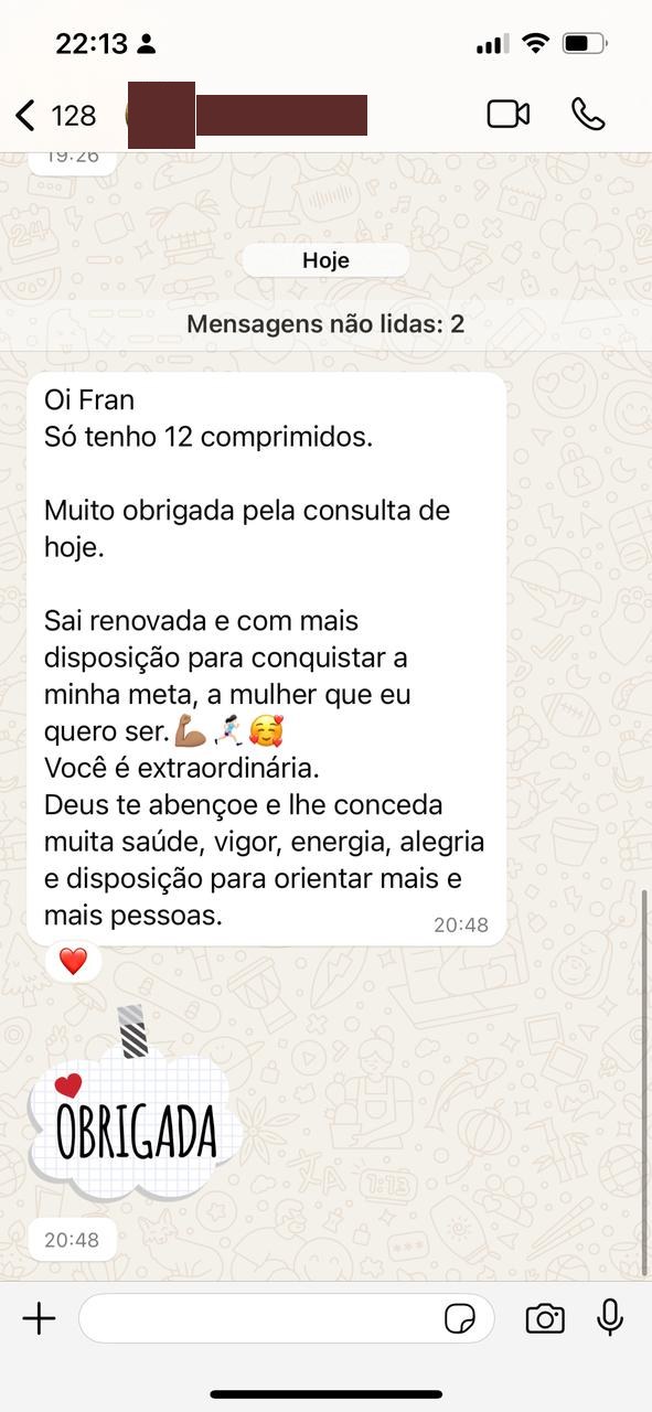 Mensagem de paciente agradecendo a consulta e dizendo que saiu renovada e com mais disposição